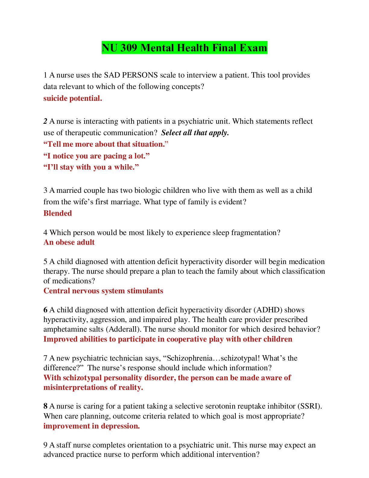 Preview of NU 309 Mental Health Final Exam